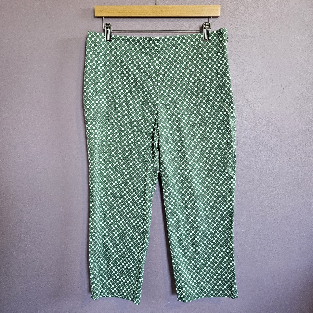 Talbots Petites Green & White Diamond Print High Rise Classic Side Zip Capris
